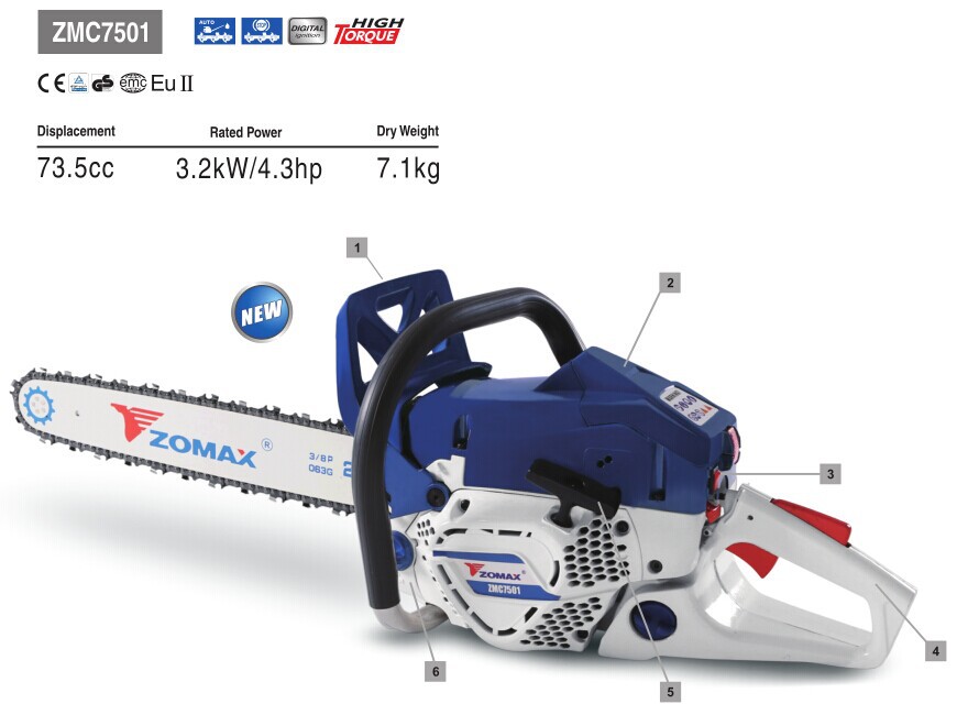 2014 ZMC7501 75CC china industrial timber cutting chain saw